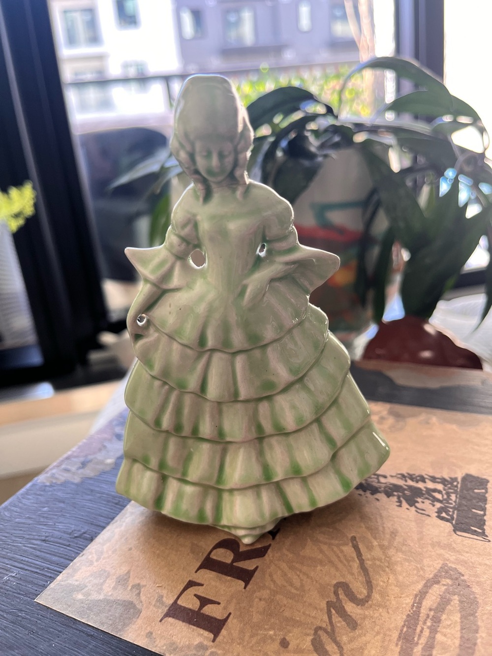 Vintage Mid-Century Green Glazed Ceramic Lady Figurine
